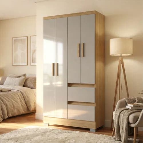 Guarda Roupas Quarto Solteiro Off-white Nápoles Poquema Cor Damasco/off White